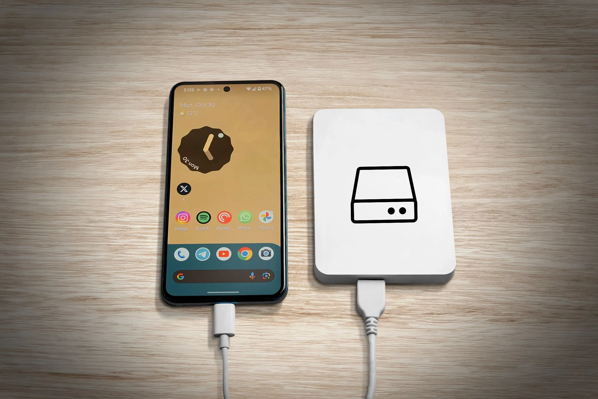 Điện thoại Android hiển thị màn hình chính bên cạnh một ổ cứng ngoài SSD, minh họa giải pháp sao lưu dữ liệu trực tiếp.
