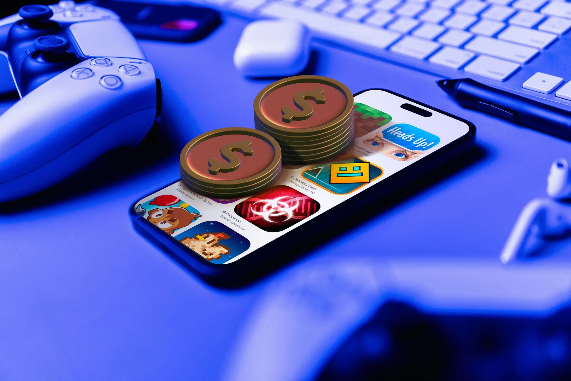 Điện thoại hiển thị game, tay cầm chơi game và tiền xu.