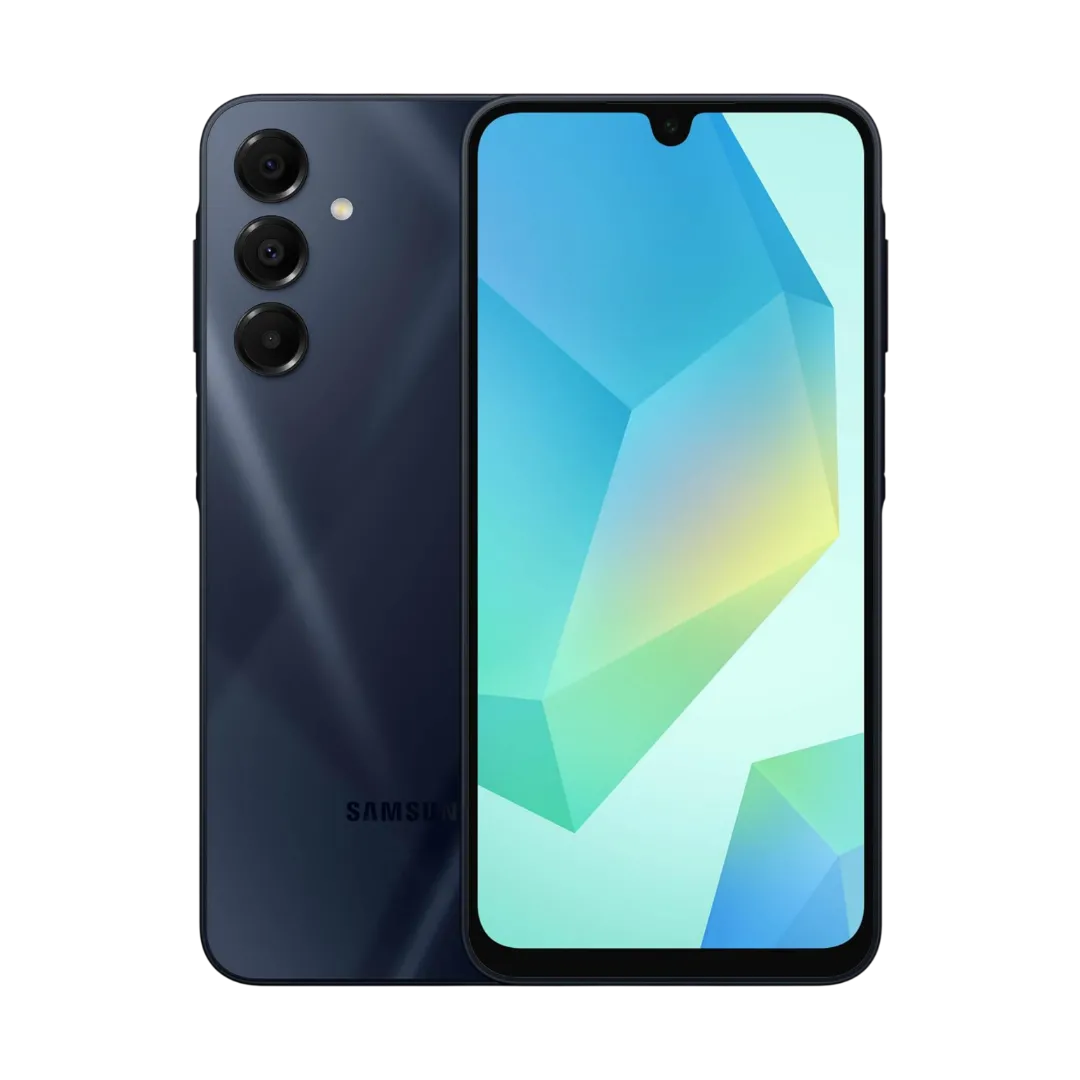 Điện thoại Samsung Galaxy A16 5G màu đen, hiển thị màn hình khóa, nhấn mạnh thiết kế hiện đại và gọn gàng.