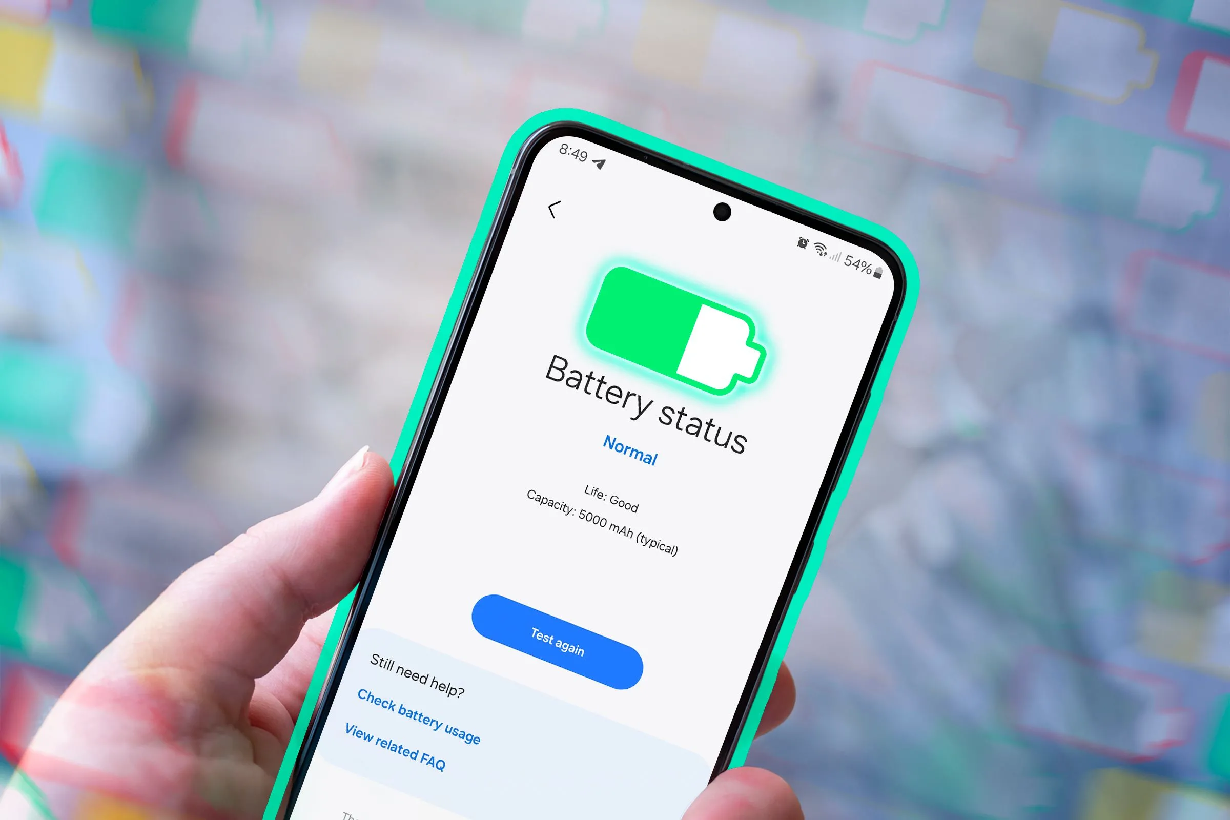 Điện thoại Samsung hiển thị màn hình trạng thái pin, cho thấy thông tin về thời lượng sử dụng.