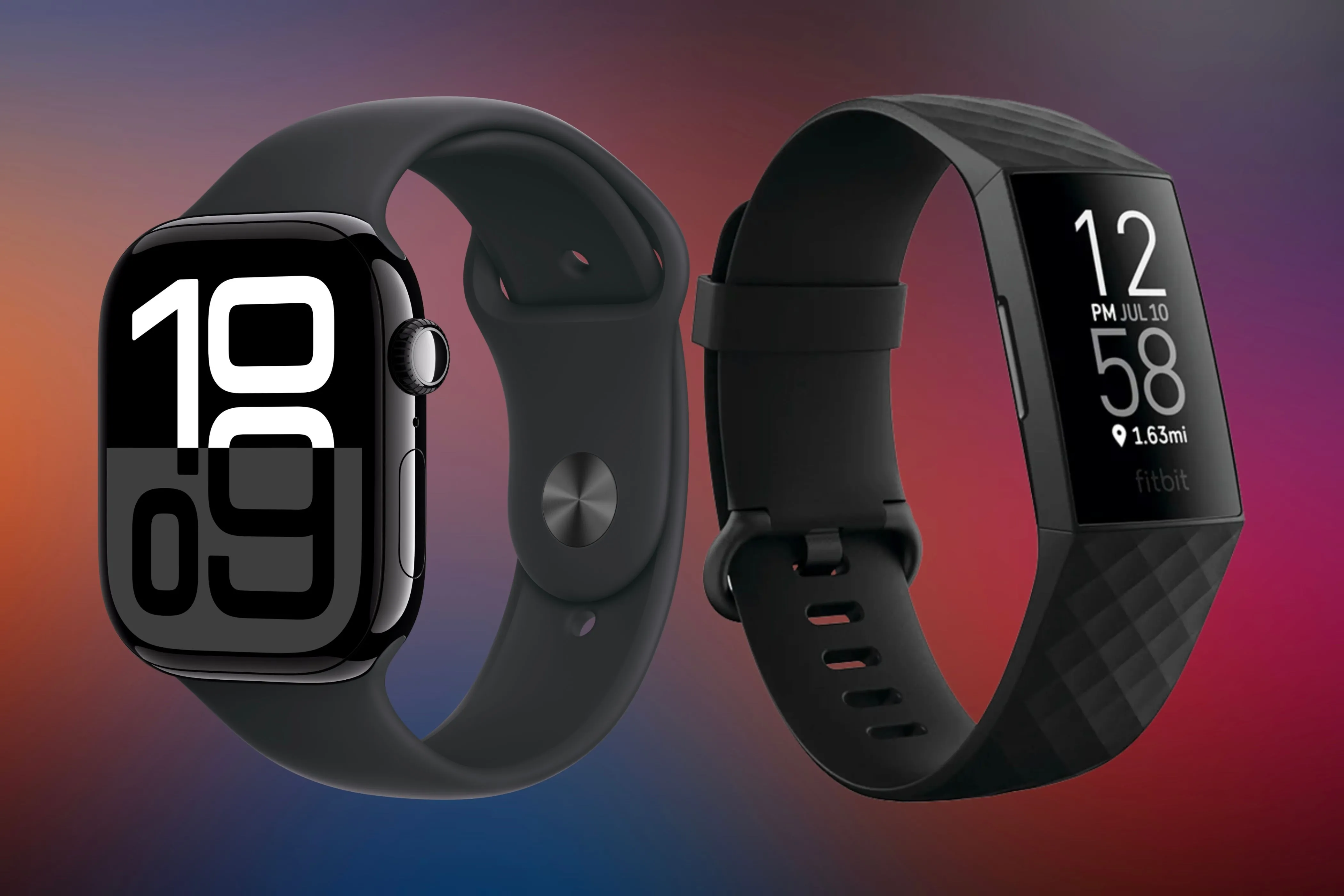Đồng hồ Apple Watch và Fitbit trên nền nhiều màu sắc.