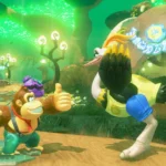 Donkey Kong đang giơ ngón cái về phía đà điểu trong game Donkey Kong Bananza của Nintendo Switch 2.