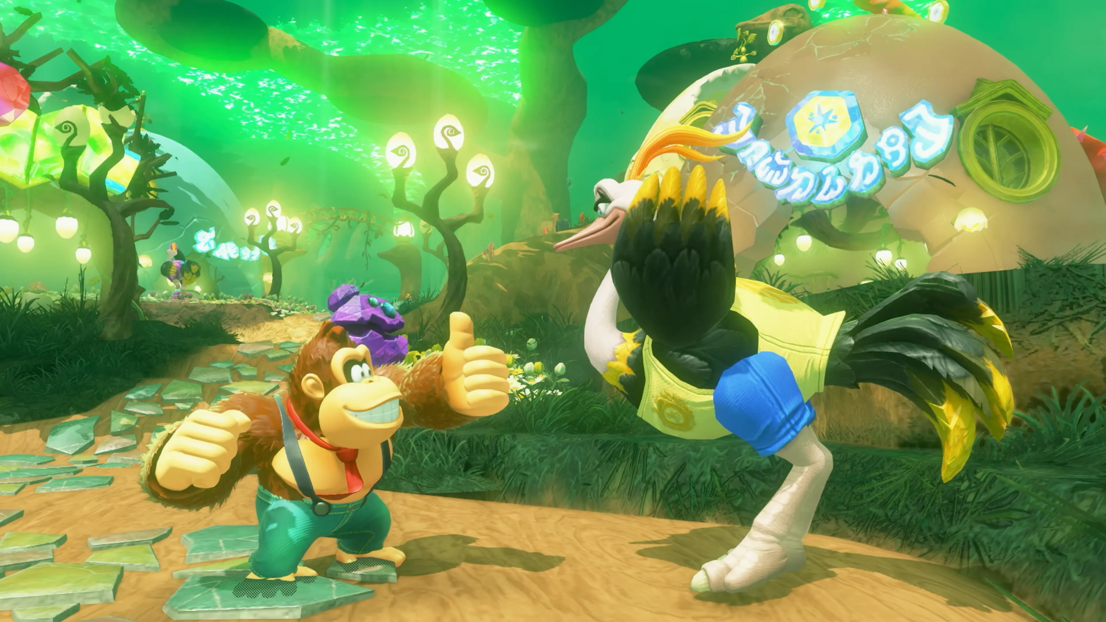 Donkey Kong đang giơ ngón cái về phía đà điểu trong game Donkey Kong Bananza của Nintendo Switch 2.