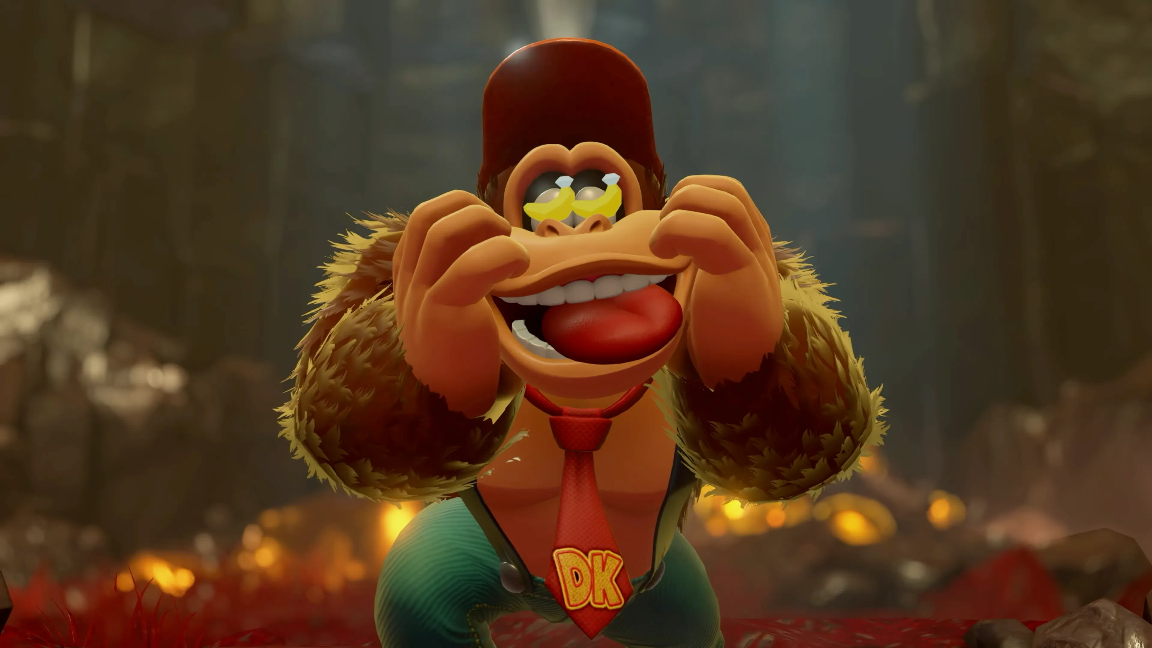 Donkey Kong với đôi mắt hình quả chuối đầy ngưỡng mộ, thể hiện sự lạc quan và yêu thích đối với game Donkey Kong Bananza.