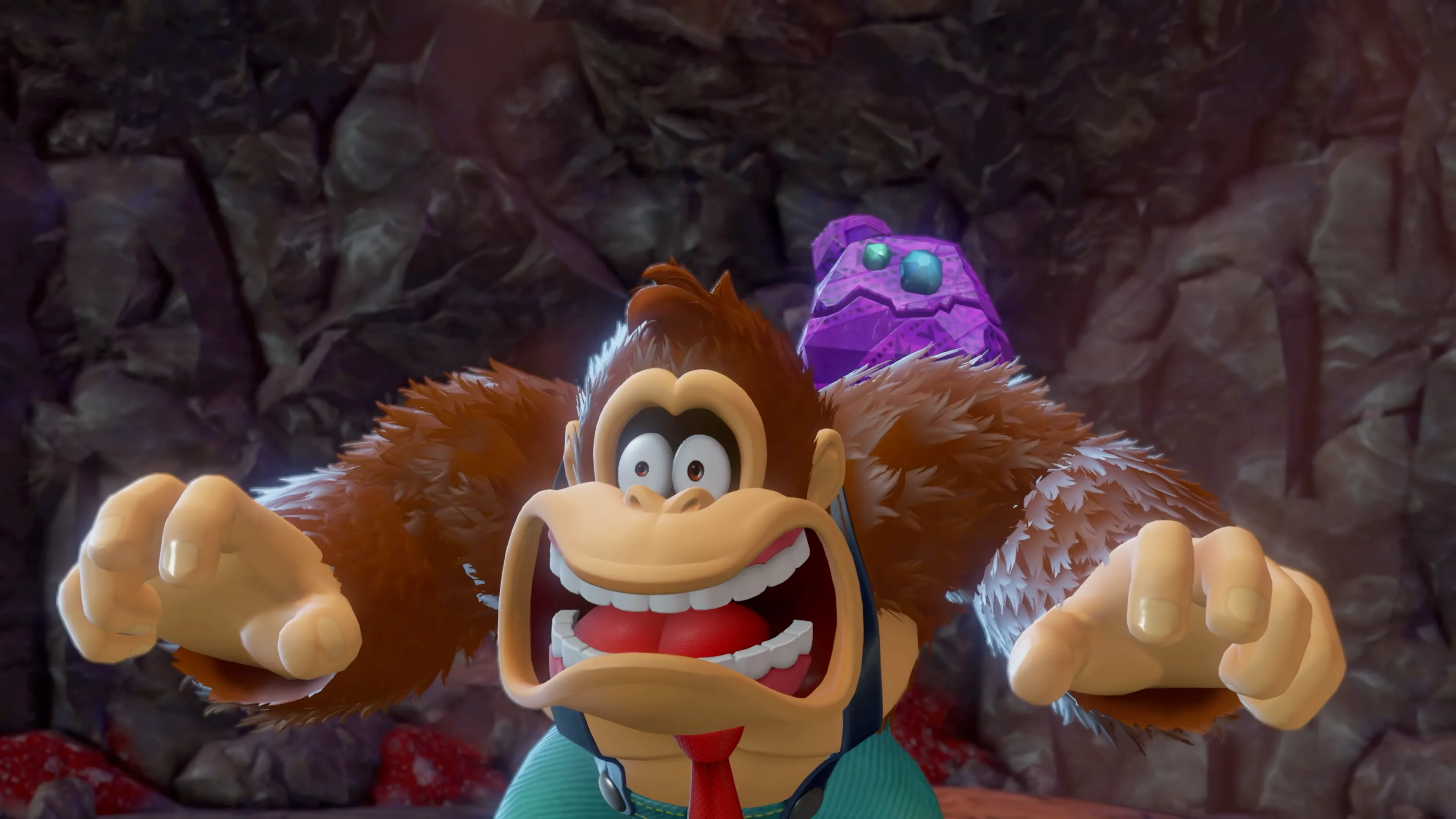 Donkey Kong với vẻ mặt ngạc nhiên trong trò chơi Donkey Kong Bananza trên Nintendo Switch 2, thể hiện sự bất ngờ về game mới.