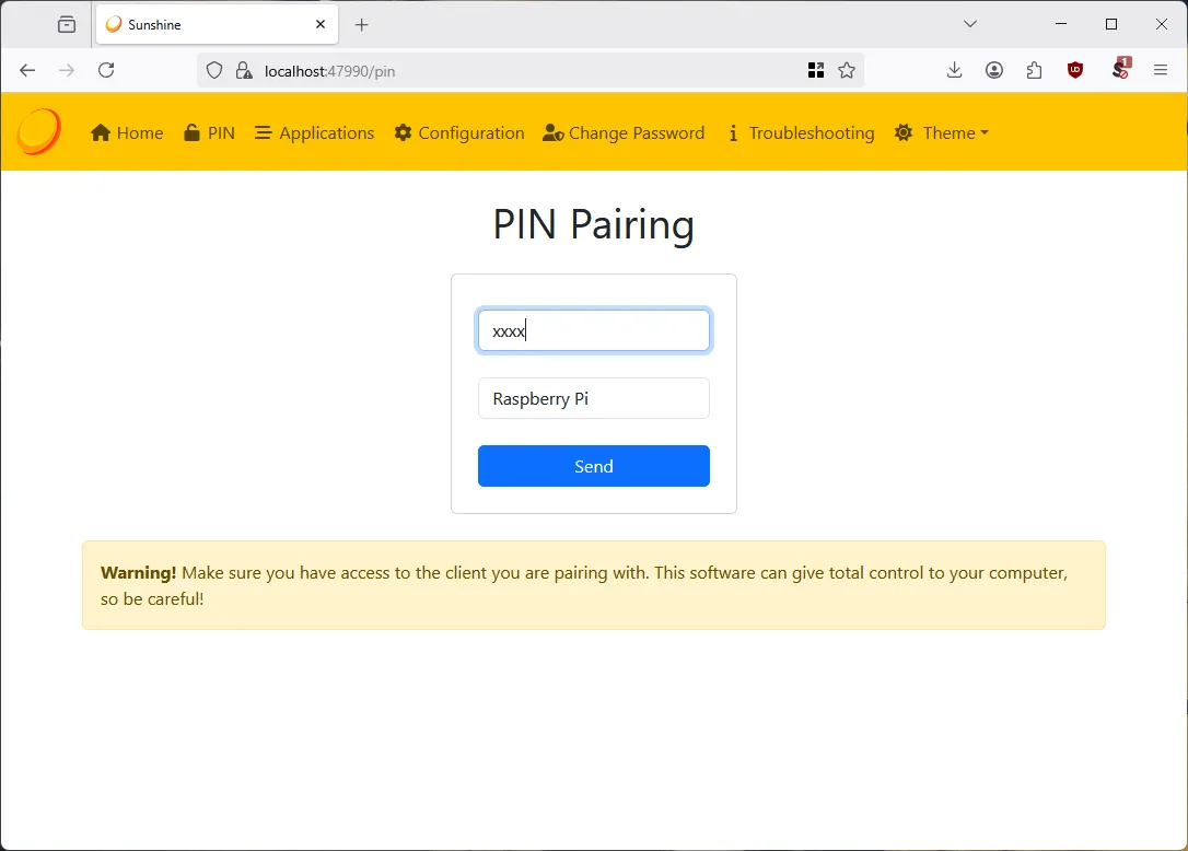 Ghép nối Sunshine với Moonlight bằng cách nhập mã PIN trên giao diện web của Sunshine.