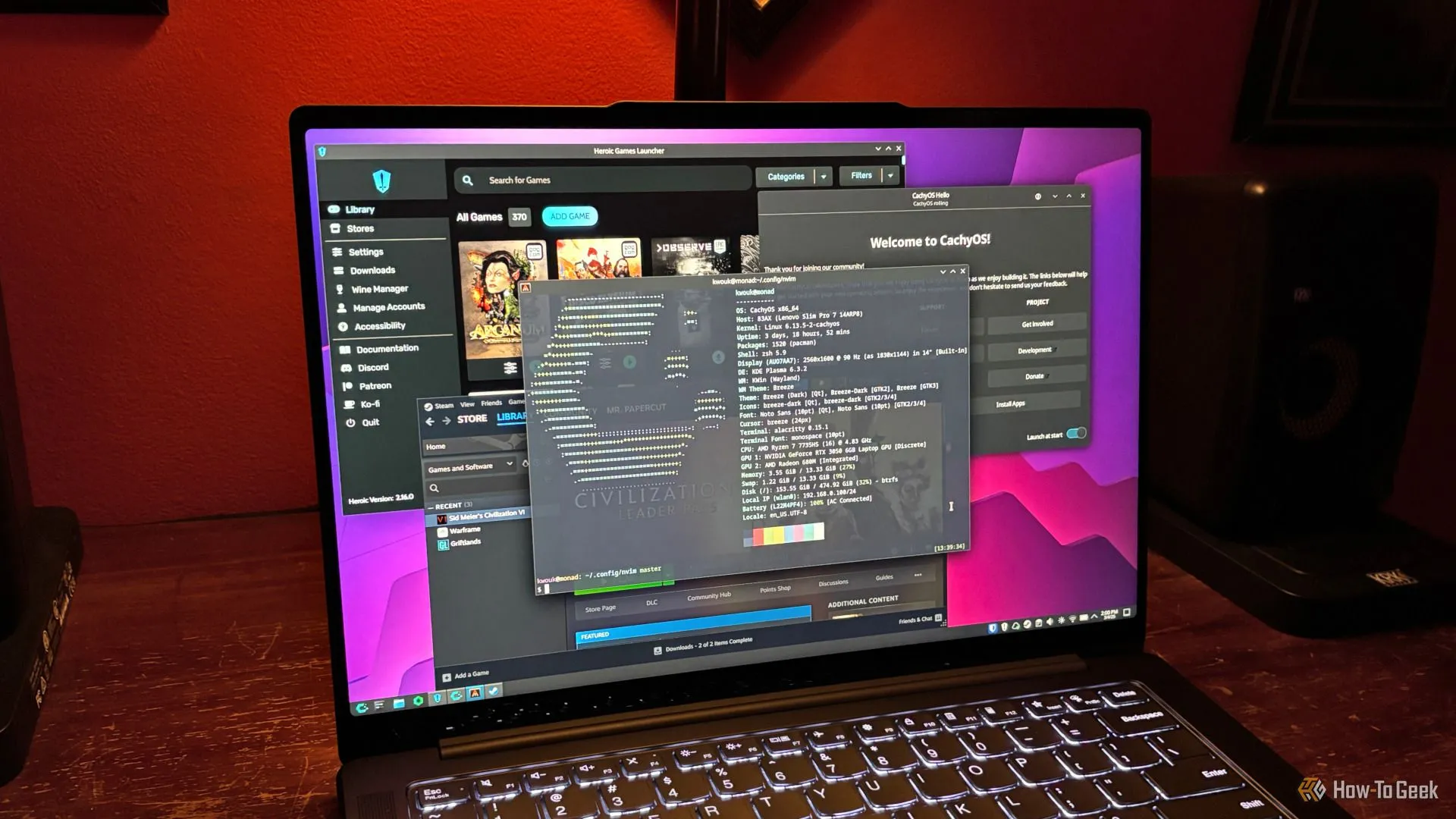 Giao diện CachyOS chạy Steam, Heroic Games Launcher và ứng dụng Hello của CachyOS, minh họa khả năng chơi game vượt trội.