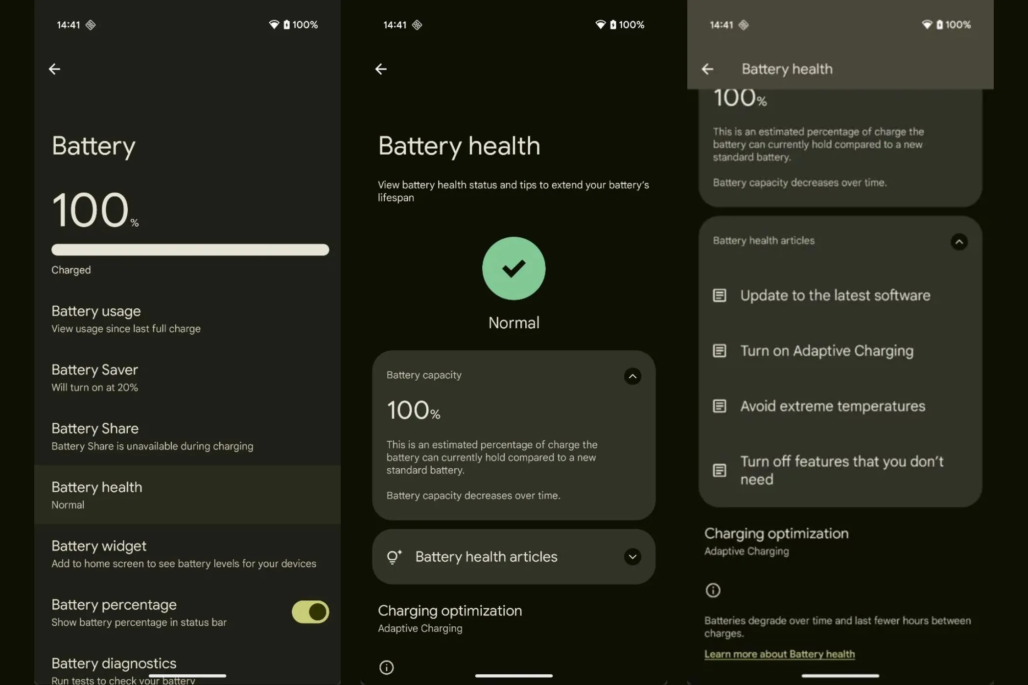 Giao diện cài đặt tình trạng pin trên điện thoại Google Pixel chạy Android 16 Beta 3, hiển thị phần trăm dung lượng pin còn lại và các tùy chọn tối ưu hóa pin.