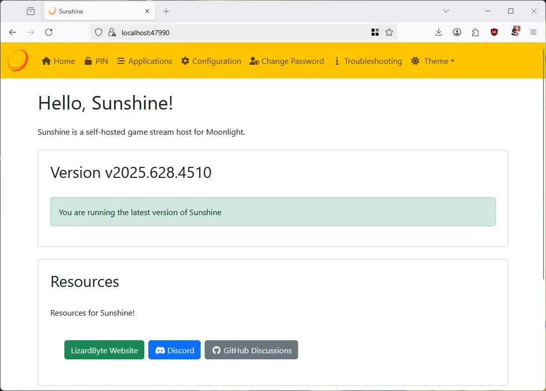 Giao diện cấu hình web UI của Sunshine, nơi thiết lập các tùy chọn cho server stream game.