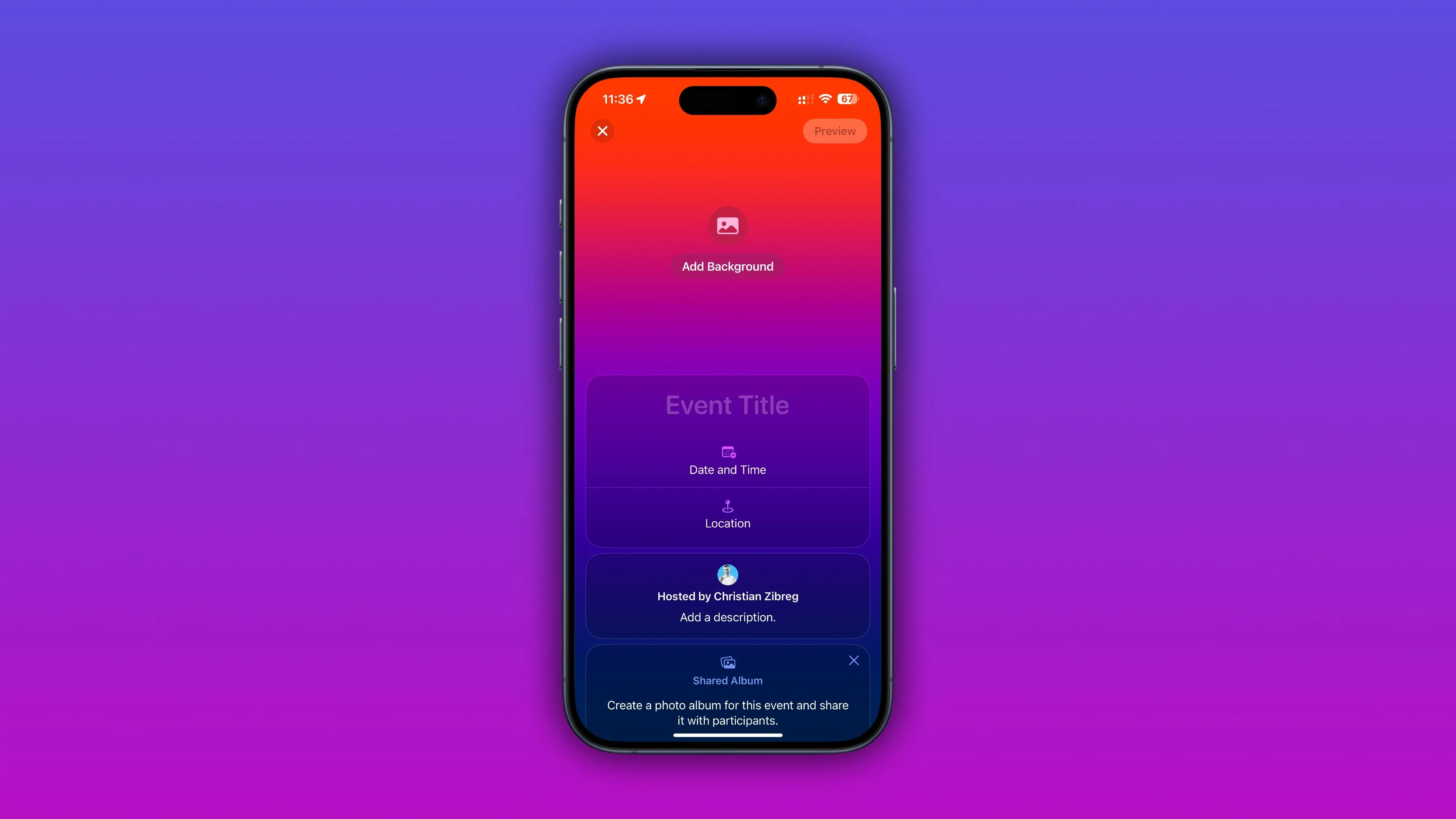 Giao diện chỉnh sửa thiệp mời sự kiện mới trong ứng dụng Apple Invites, cho phép người dùng lựa chọn từ các mẫu thiết kế đẹp mắt.