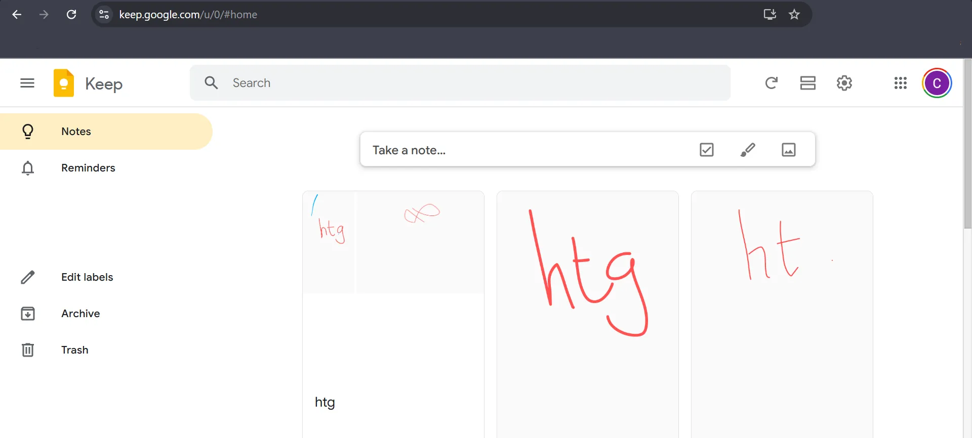 Giao diện Google Keep trên trình duyệt web Chrome, cho phép truy cập và tạo bản vẽ.