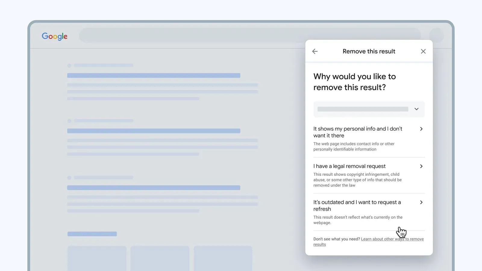 Giao diện Google Search hiển thị tùy chọn &quot;Remove Result&quot; để gỡ bỏ nội dung cá nhân khỏi kết quả tìm kiếm