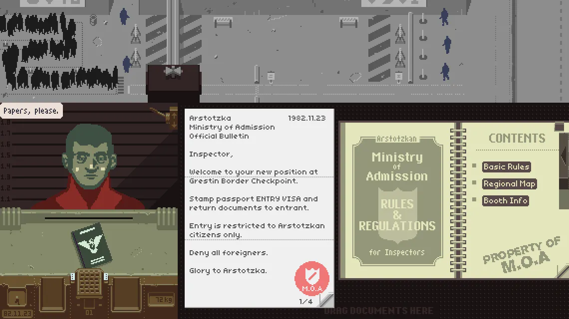 Giao diện hải quan trong Papers, Please, nơi người chơi phải đưa ra các quyết định khó khăn về nhập cảnh và đạo đức.