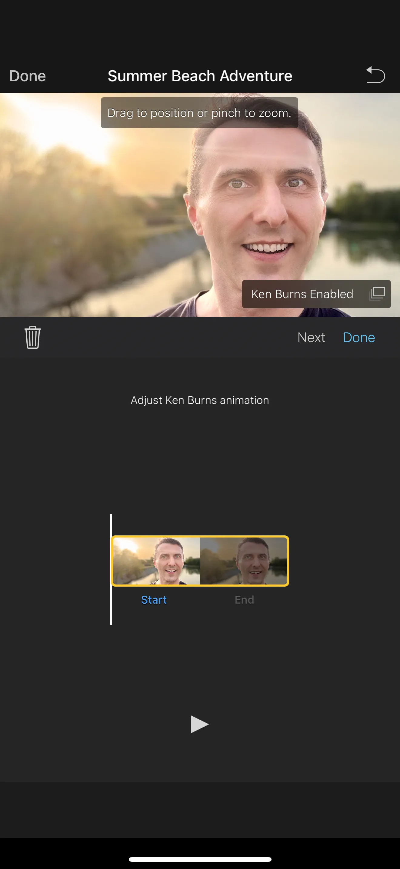 Giao diện iMovie trên iPhone để điều chỉnh cắt, thu phóng và hiệu ứng Ken Burns cho hình ảnh trong trailer.
