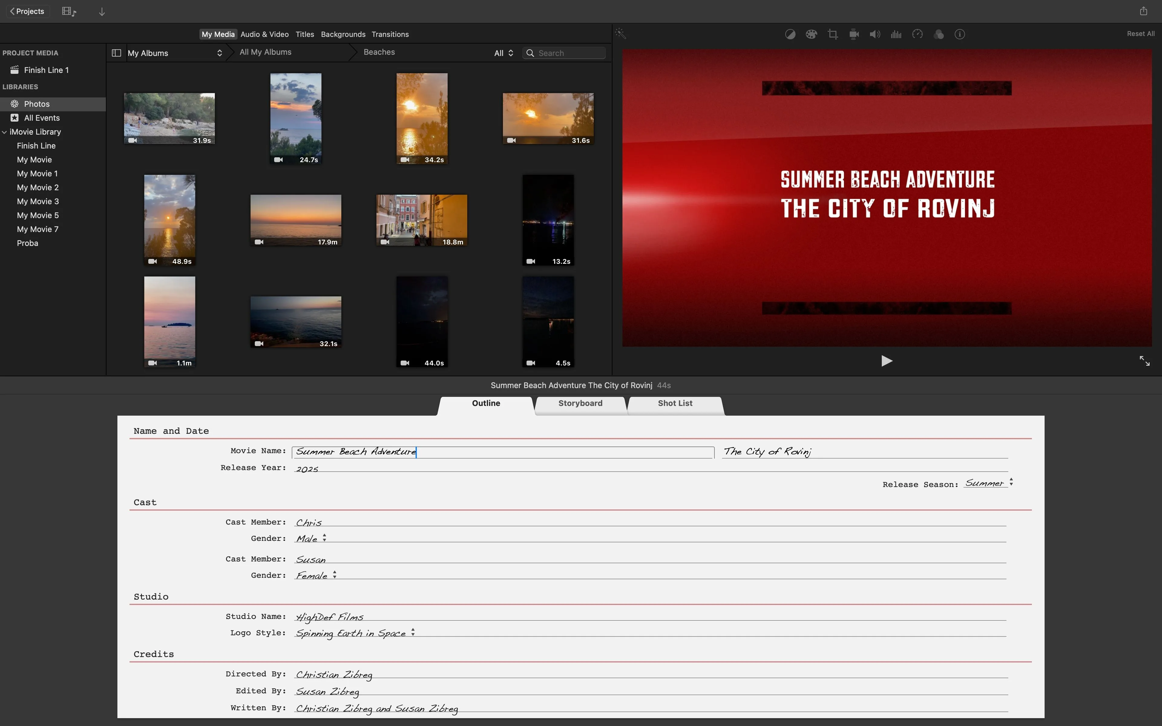 Giao diện iMovie trên macOS với tab Outline được chọn, hiển thị thông tin tín dụng và diễn viên cho trailer.