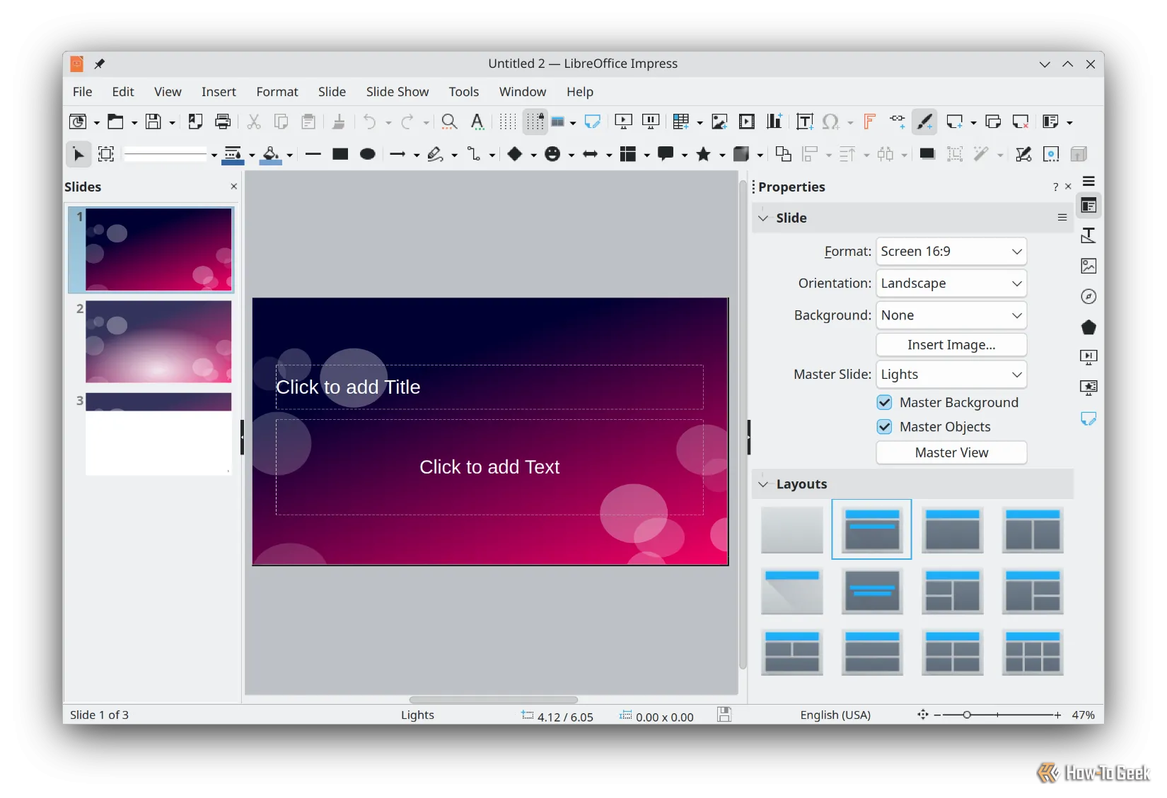 Giao diện LibreOffice Impress, phần mềm trình chiếu tương đương PowerPoint.