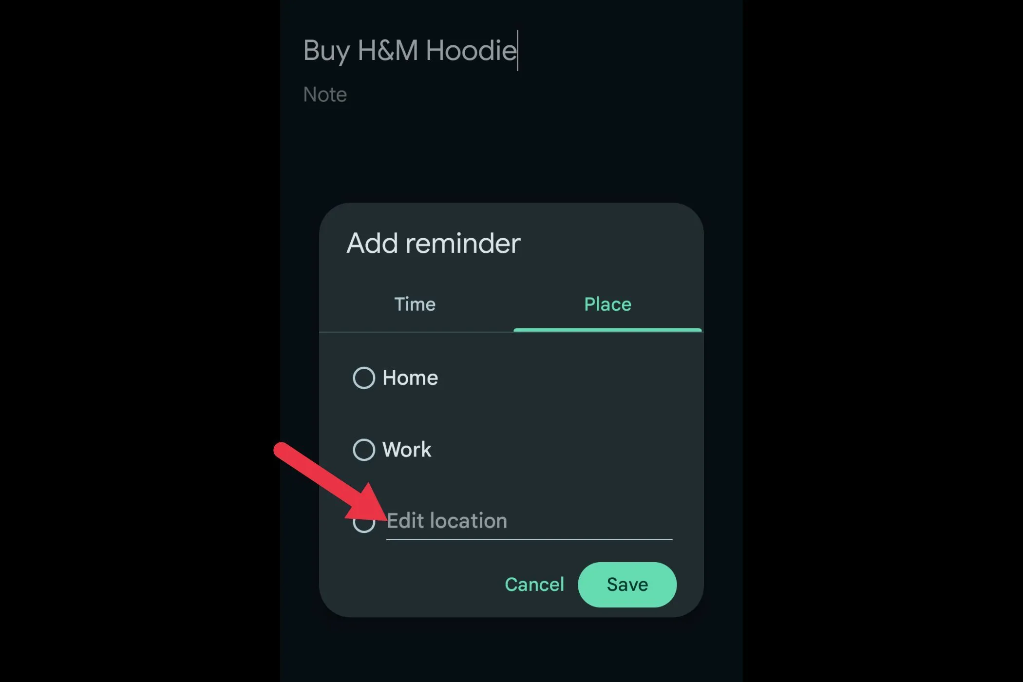 Giao diện nhập tên địa điểm để cài đặt nhắc nhở Google Keep theo vị trí