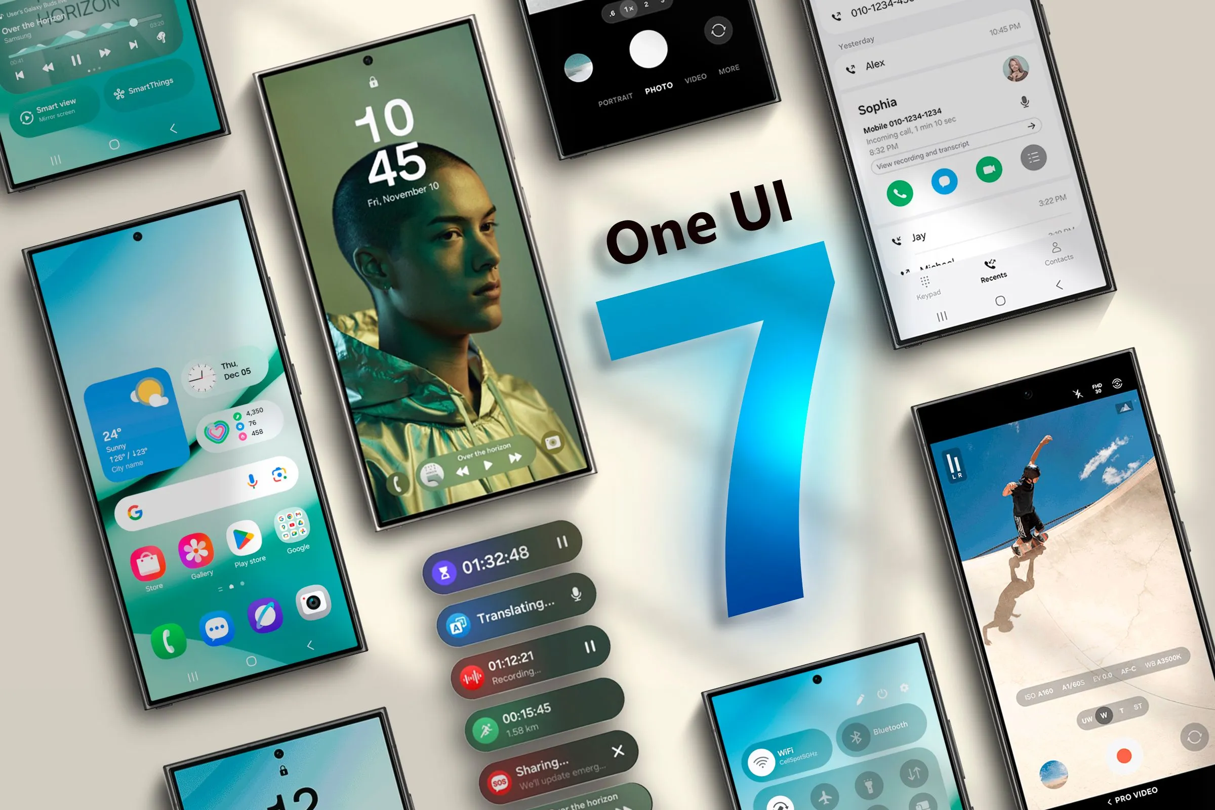 Giao diện One UI 7 trên các thiết bị Galaxy S24 đặt cạnh nhau, minh họa những cải tiến phần mềm và tính năng AI mới của Samsung.