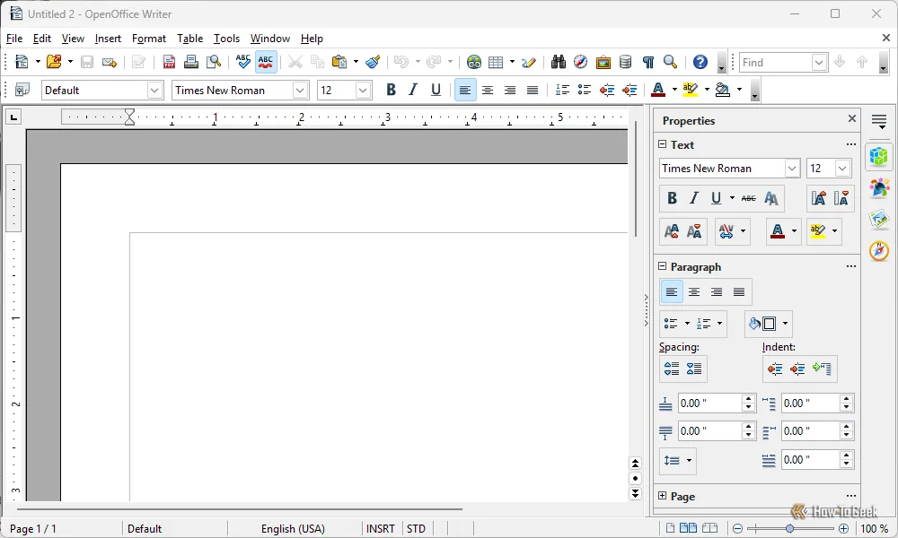 Giao diện OpenOffice Writer với thanh công cụ và bảng thuộc tính bên phải.