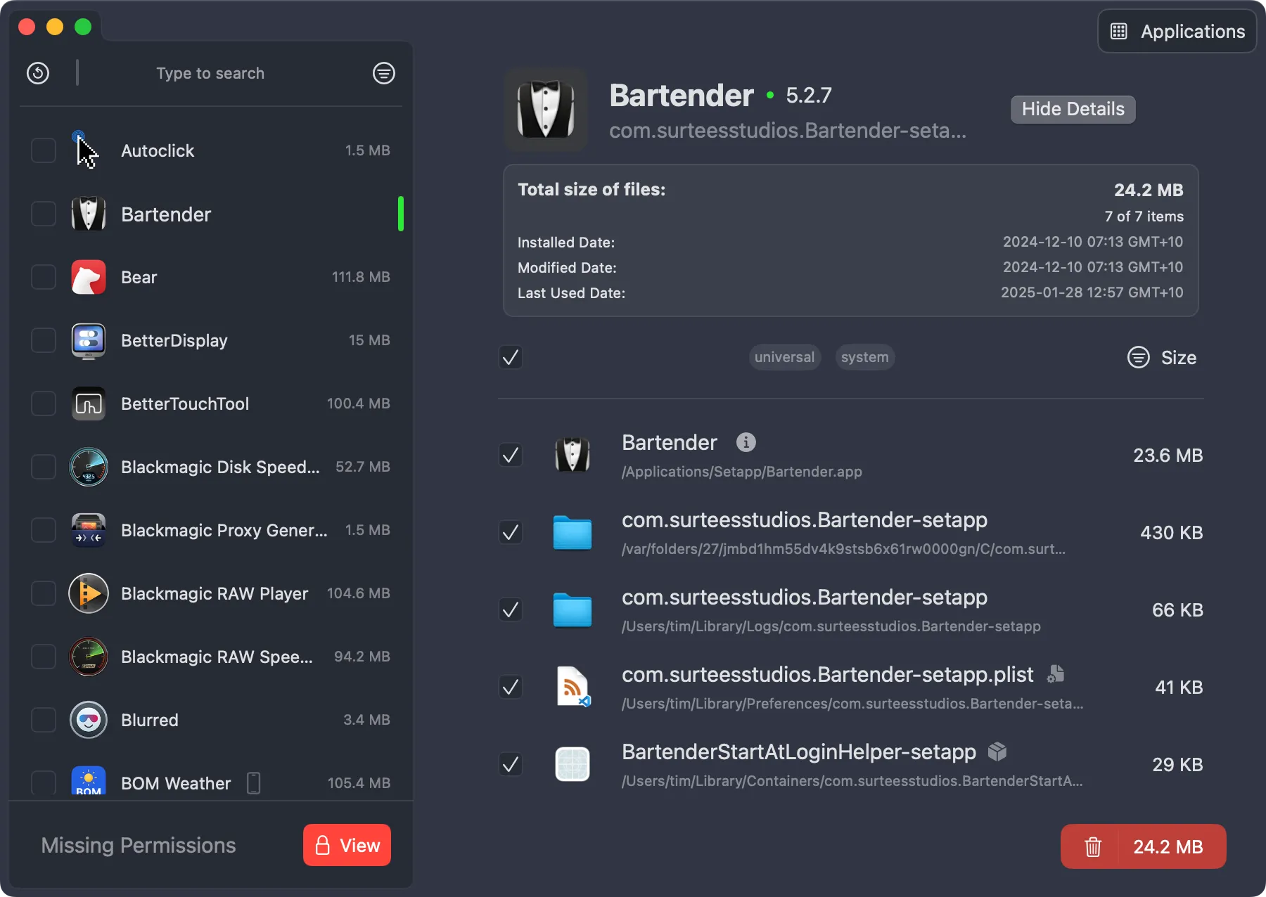 Giao diện PearCleaner hiển thị danh sách ứng dụng cần gỡ để giải phóng dung lượng Mac