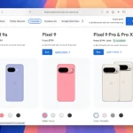 Giao diện Safari hiển thị bảng giá các mẫu điện thoại Google Pixel 9a và các sản phẩm khác trong dòng Pixel 9 từ Google Store.