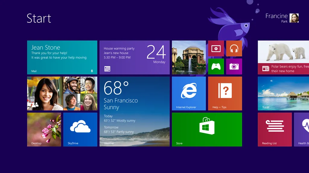 Giao diện Start Menu đầy màu sắc của Windows 10 ở chế độ máy tính bảng, hiển thị các ô ứng dụng, thông tin thời tiết, lịch và hồ sơ người dùng.
