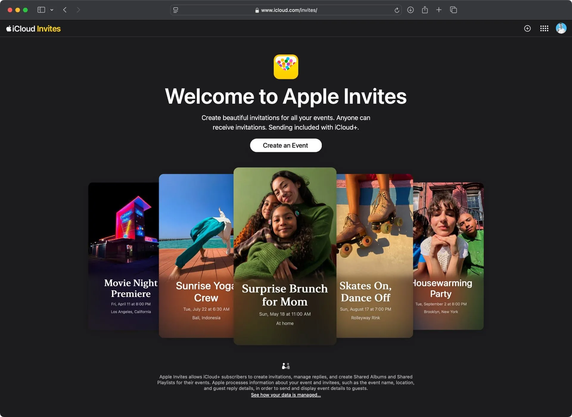 Giao diện tạo sự kiện trên ứng dụng web Apple Invites trong trình duyệt Safari, hiển thị các trường nhập liệu cho thông tin sự kiện.