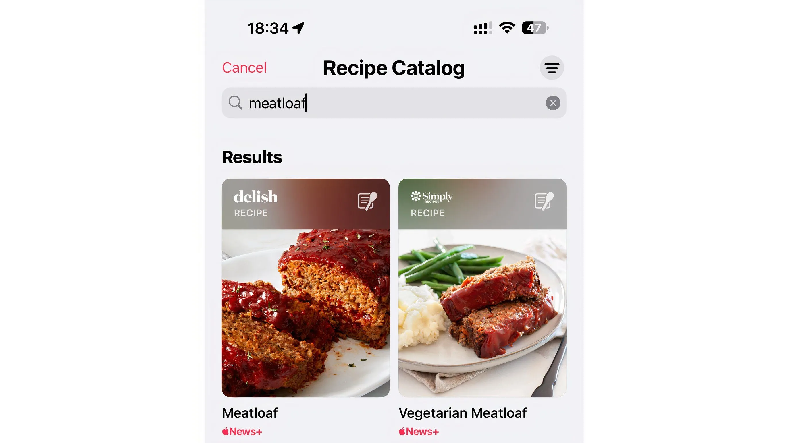 Giao diện tìm kiếm công thức &quot;meatloaf&quot; trong chuyên mục Food của Apple News+ trên iPhone
