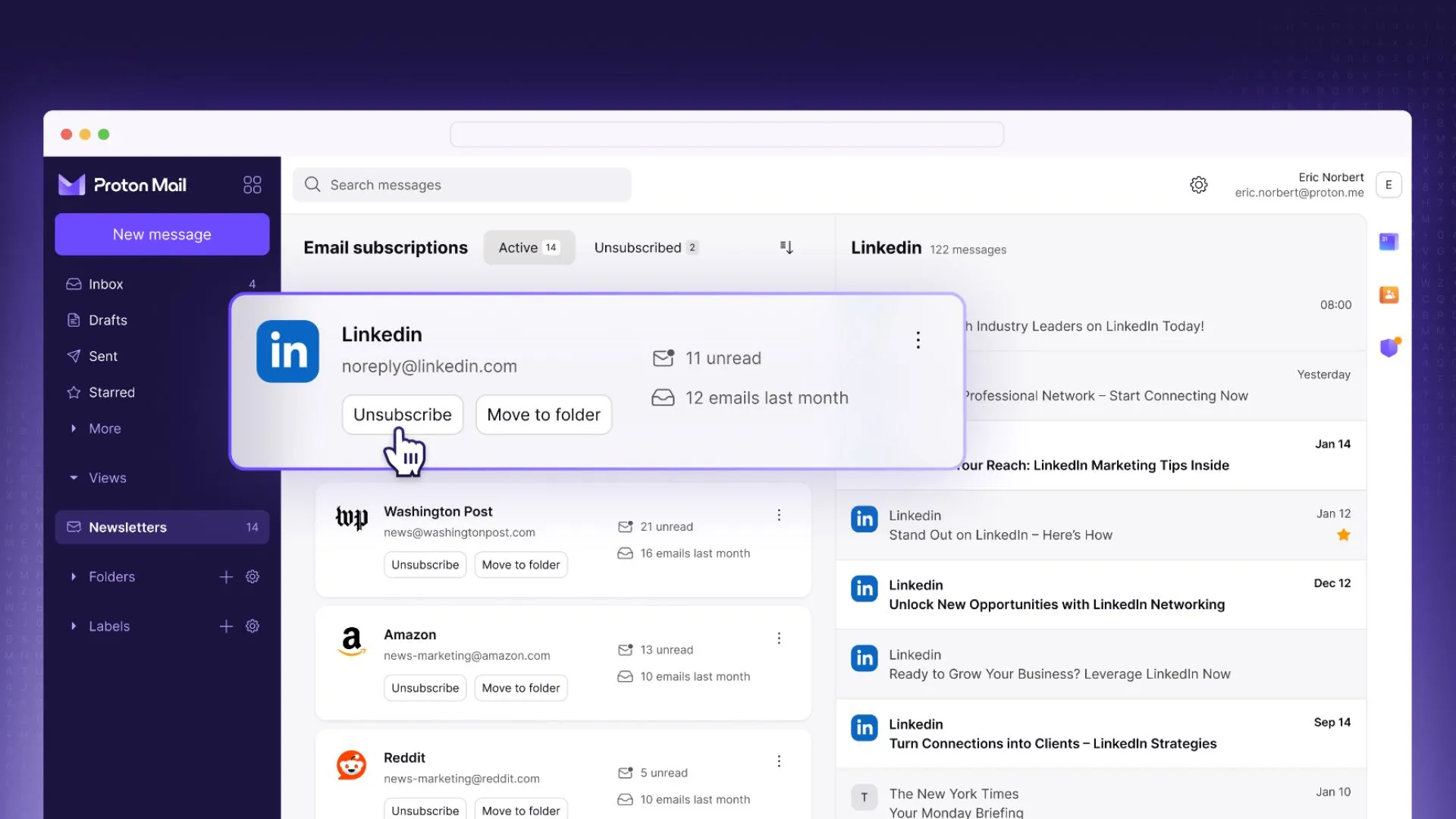 Giao diện tính năng Newsletter View mới của Proton Mail, hiển thị các email đăng ký được sắp xếp gọn gàng.