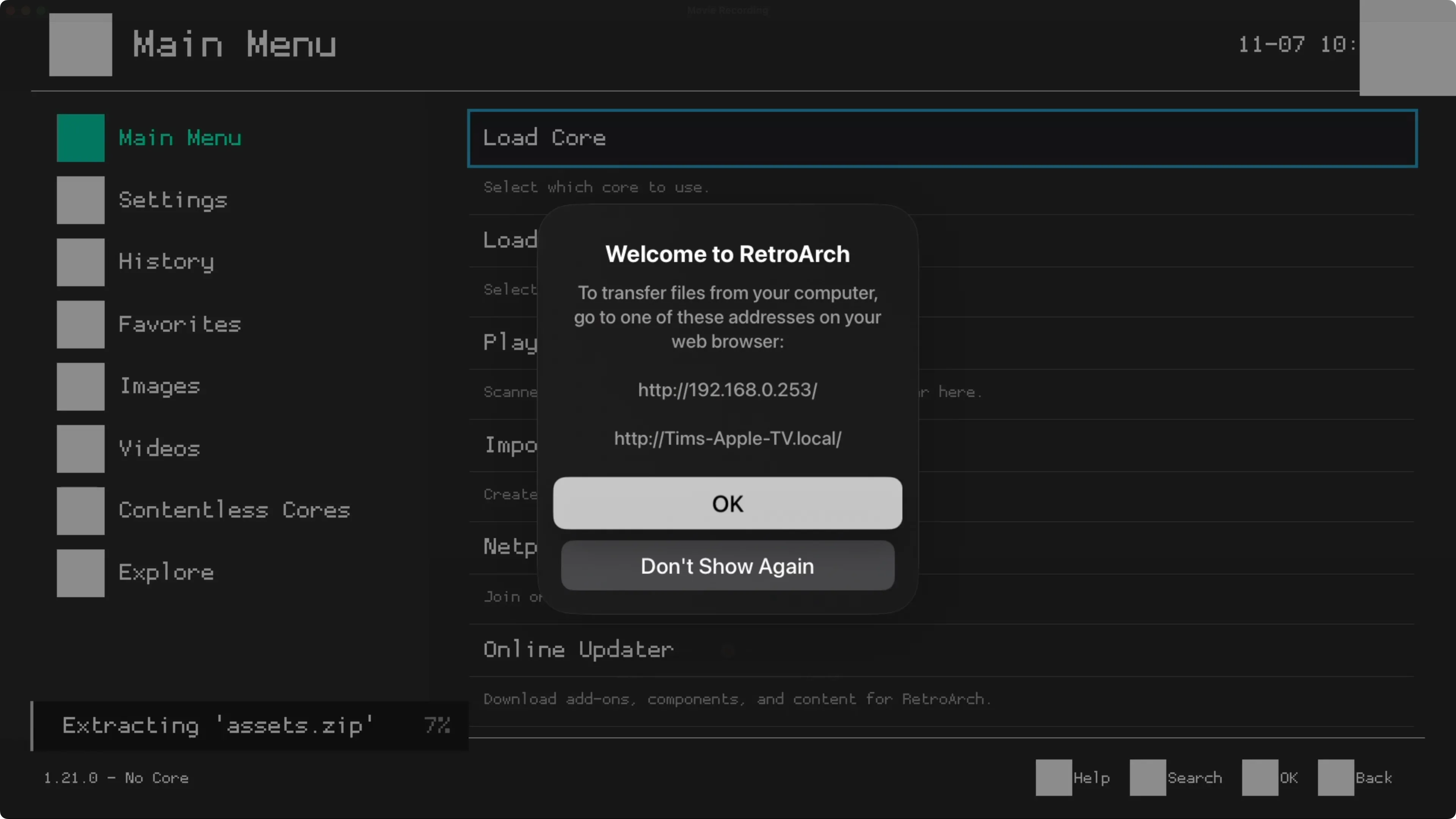 Giao diện trình duyệt web để chuyển tệp ROM và BIOS tới RetroArch trên Apple TV.