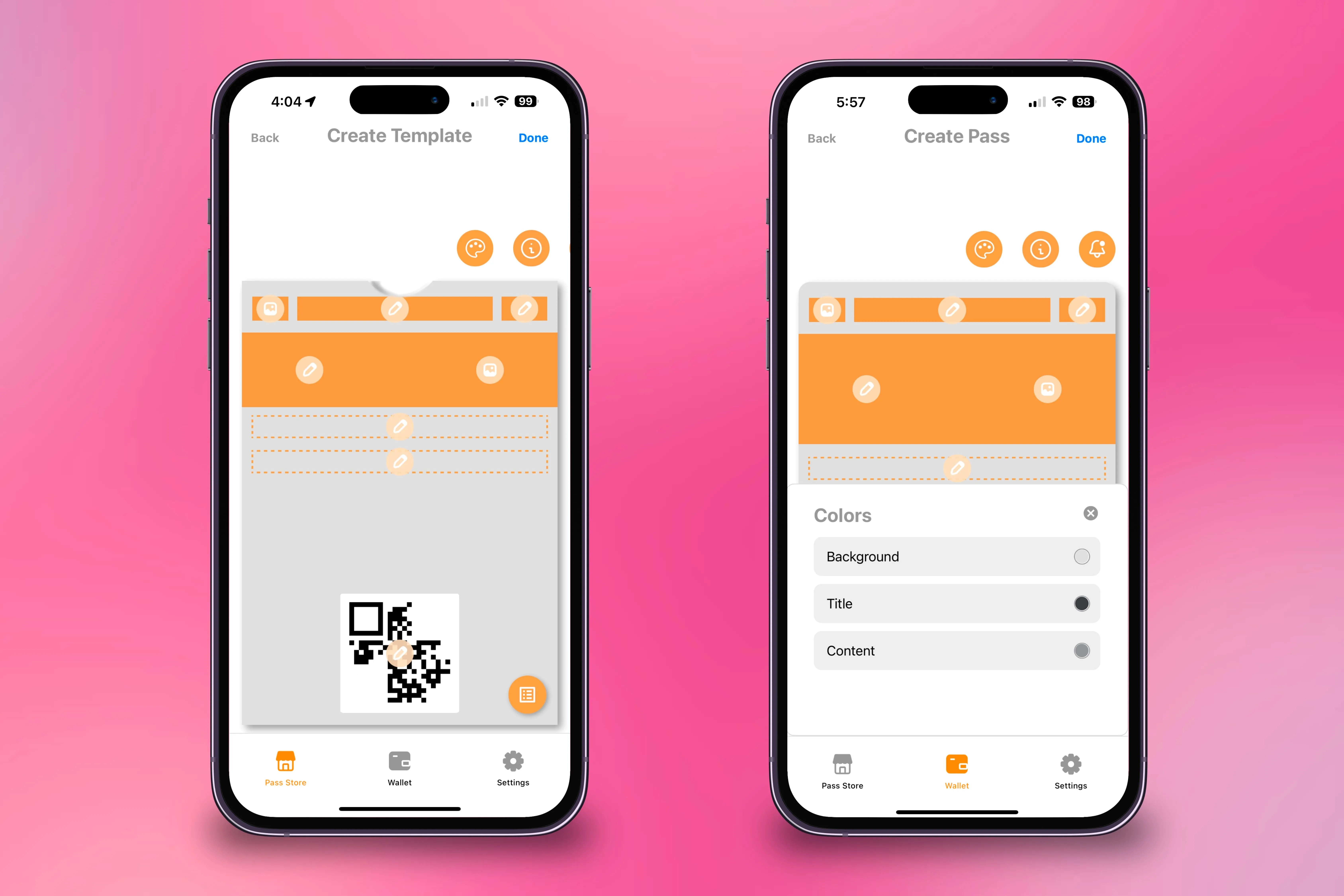 Giao diện tùy chỉnh màu sắc và tạo thẻ cá nhân hóa trong ứng dụng Pass2U trên hai chiếc iPhone