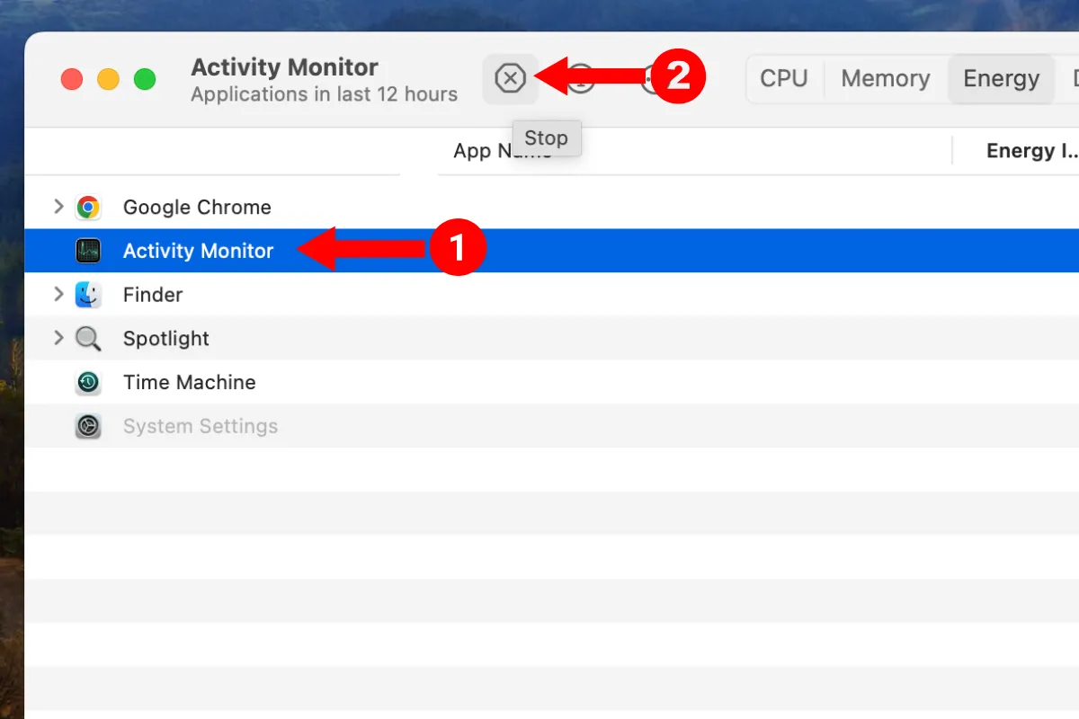 Giao diện ứng dụng Giám sát hoạt động (Activity Monitor) trên macOS hiển thị các tiến trình đang chạy và mức tiêu thụ năng lượng