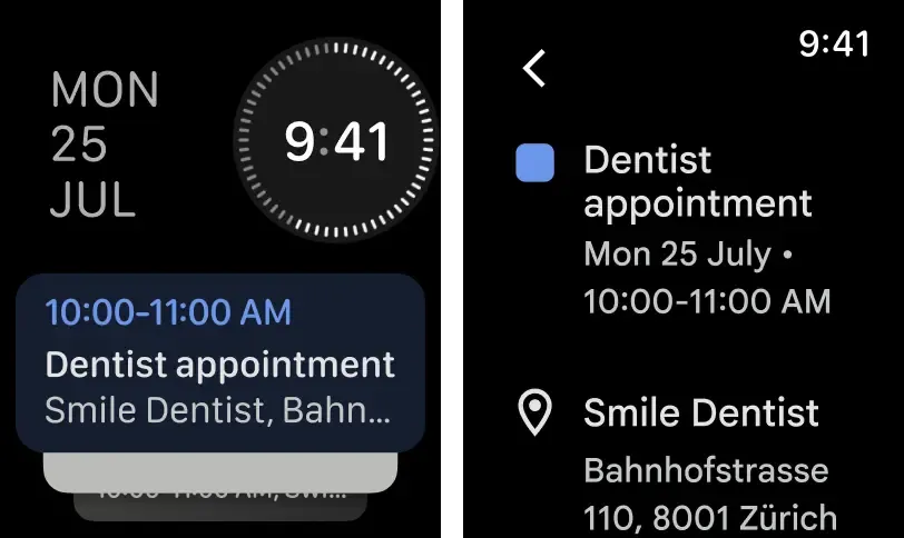 Giao diện ứng dụng Google Calendar hiển thị danh sách sự kiện và tác vụ trên Apple Watch.