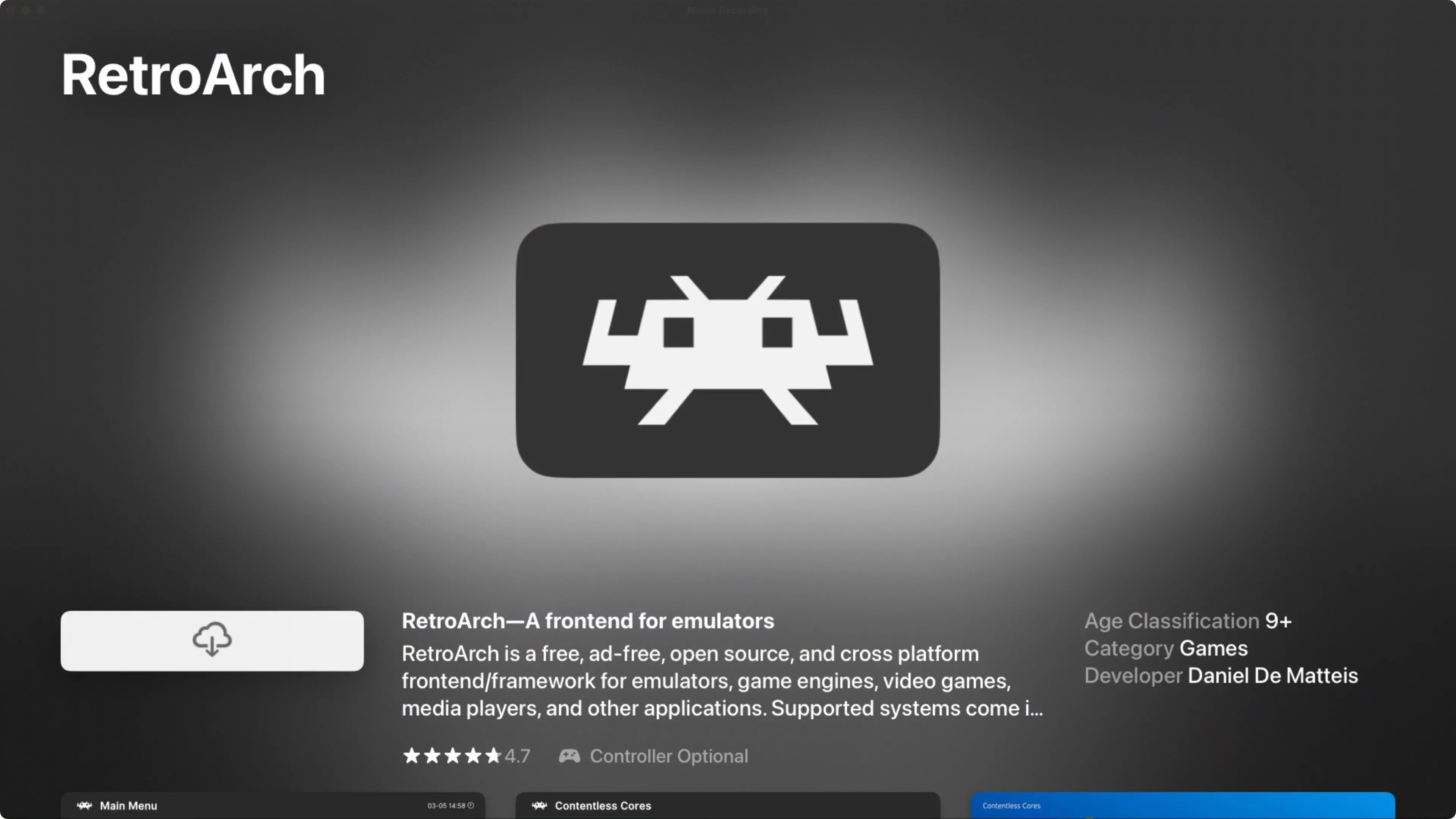 Giao diện ứng dụng RetroArch trên App Store tvOS, cho thấy khả năng cài đặt dễ dàng.