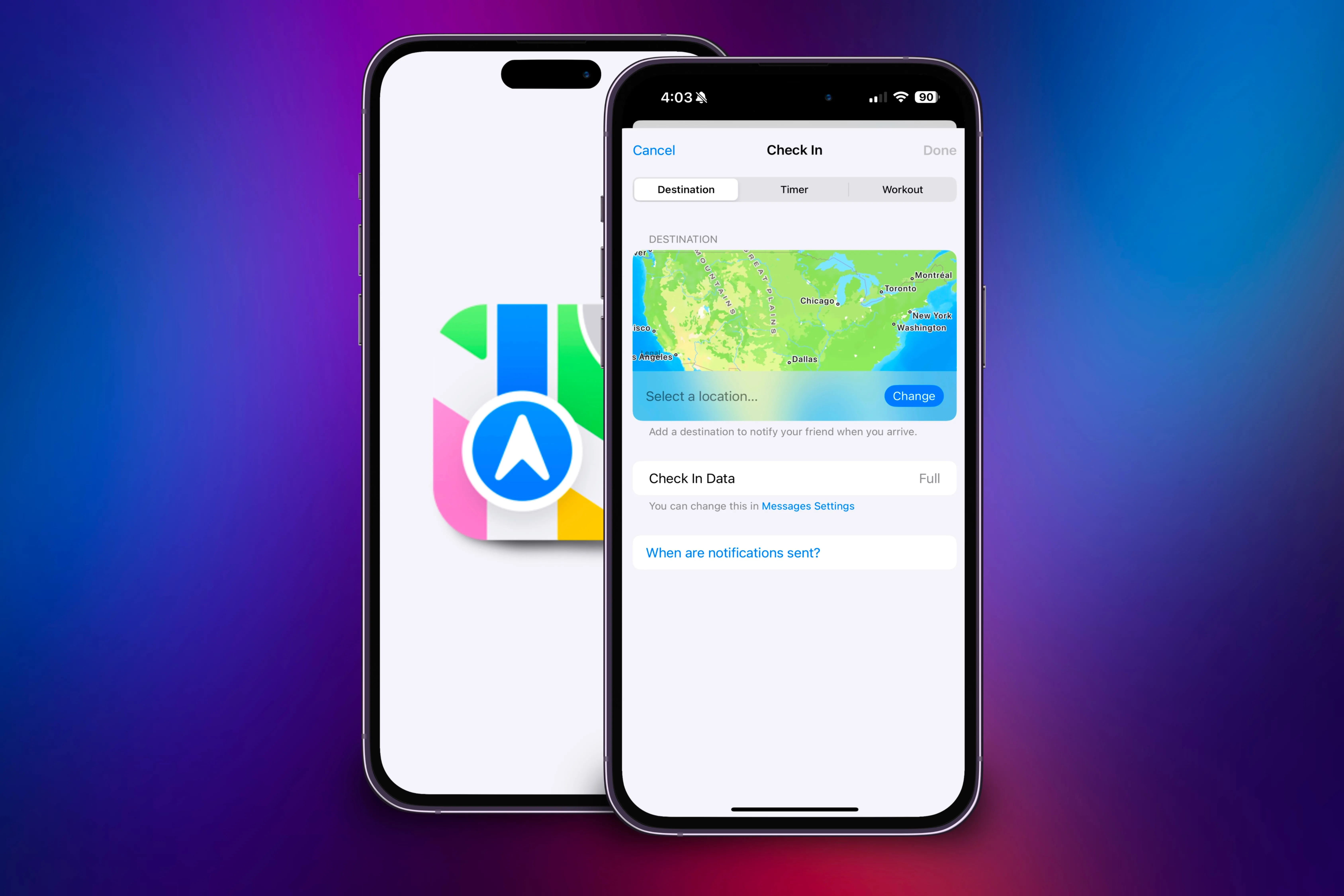 Hai chiếc iPhone, một hiển thị biểu tượng Apple Maps và một hiển thị giao diện Check In với tùy chọn thay đổi địa chỉ, minh họa nhu cầu ghi nhớ địa điểm thường xuyên.