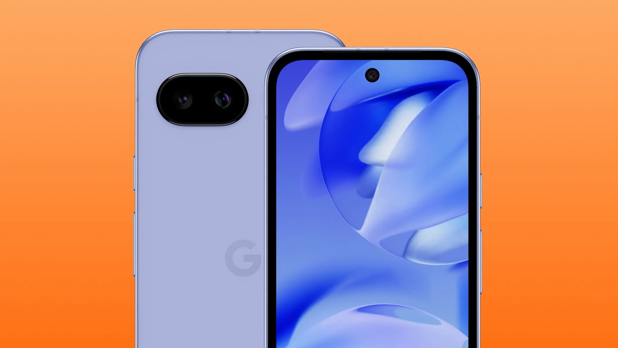 Hai điện thoại Google Pixel 9a hiển thị mặt trước và mặt sau, nhấn mạnh thiết kế toàn diện và màn hình.