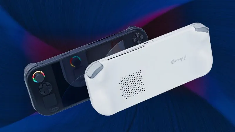 Hai máy chơi game cầm tay Orange Pi Neo màu đen và trắng đặt đối mặt.