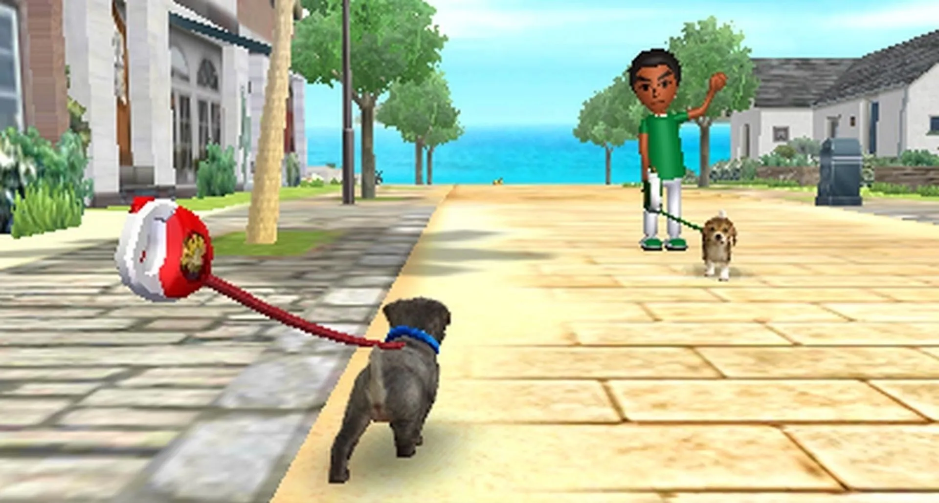 Hai người chơi cùng dắt những chú chó ảo của mình đi dạo trong Nintendogs, thể hiện tính năng tương tác