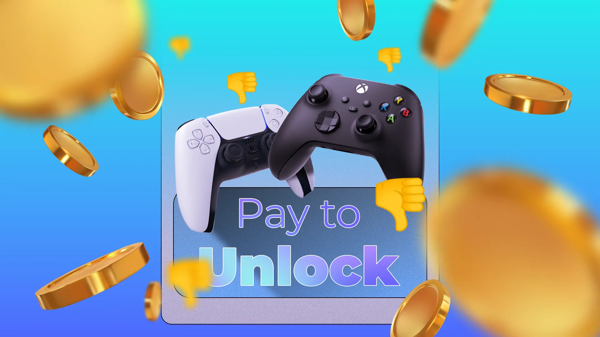 Hai tay cầm chơi game phía trên nhãn &quot;pay to unlock&quot; cùng các đồng xu và biểu tượng &quot;ngón tay cái xuống&quot;, thể hiện mô hình kiếm tiền đa dạng trong game Android.