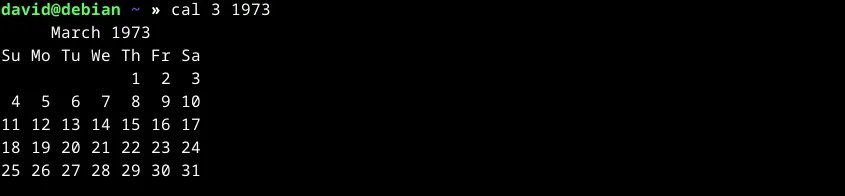 Hiển thị lịch tháng 3 năm 1973 từ lệnh cal trong terminal Linux.