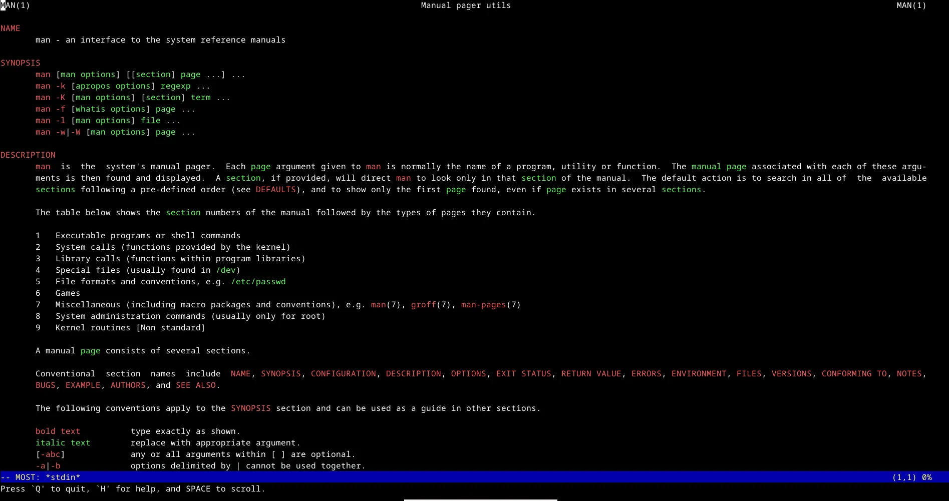 Hiển thị trang hướng dẫn (manpage) của công cụ most trên terminal Linux.