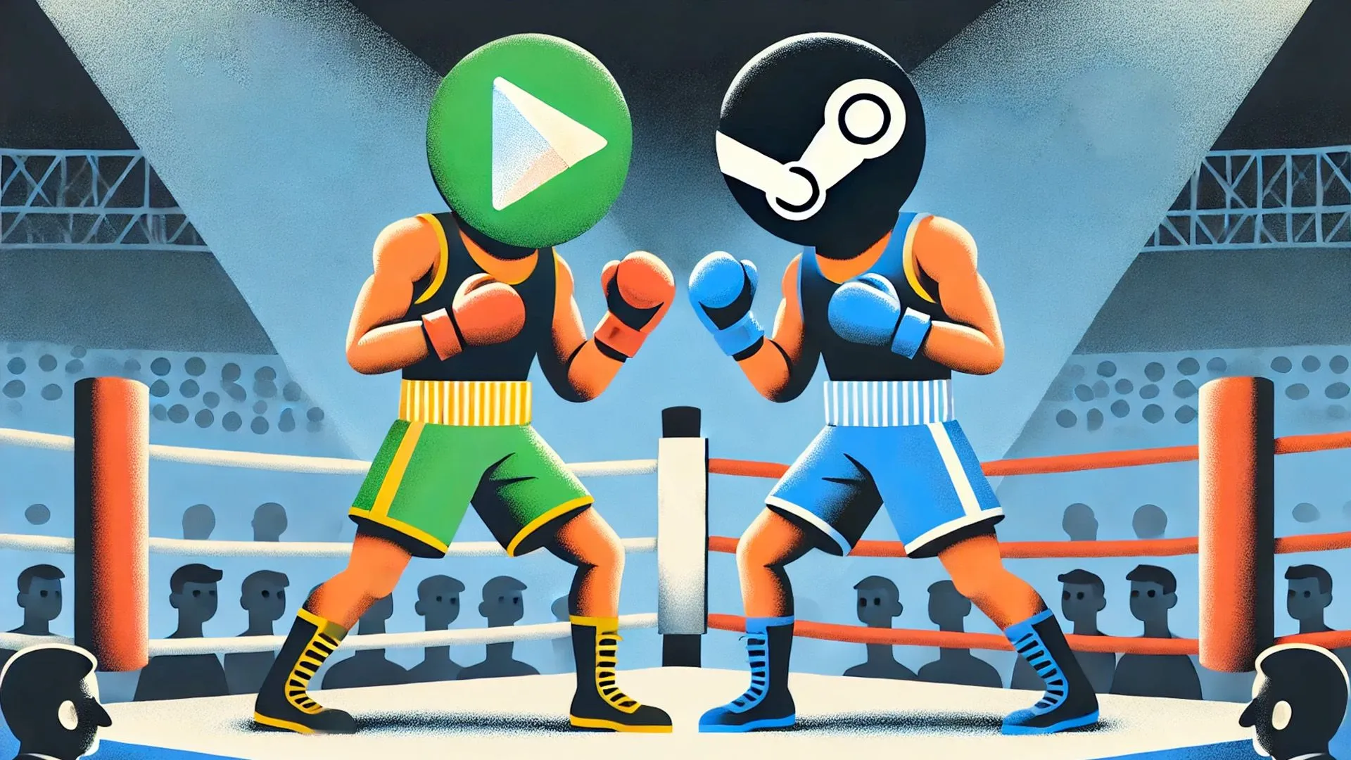Hình ảnh ẩn dụ cuộc đối đầu giữa Google Play và Steam, hai nền tảng game lớn đang cạnh tranh khốc liệt trên thị trường PC.