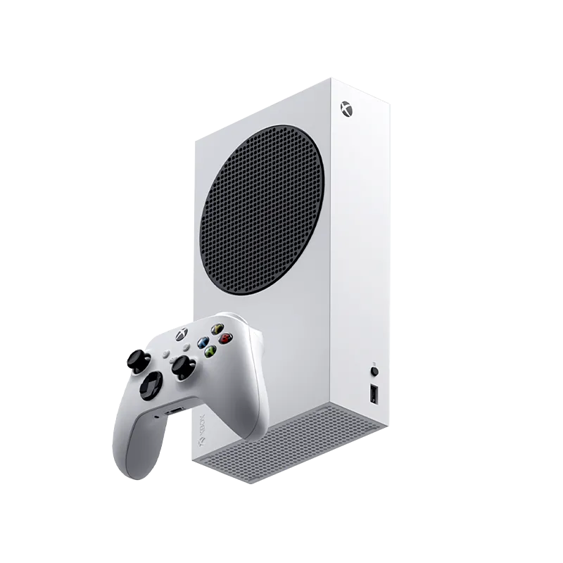Hình ảnh cận cảnh Xbox Series S màu trắng và tay cầm, minh họa cho thiết bị chơi game thuần kỹ thuật số.
