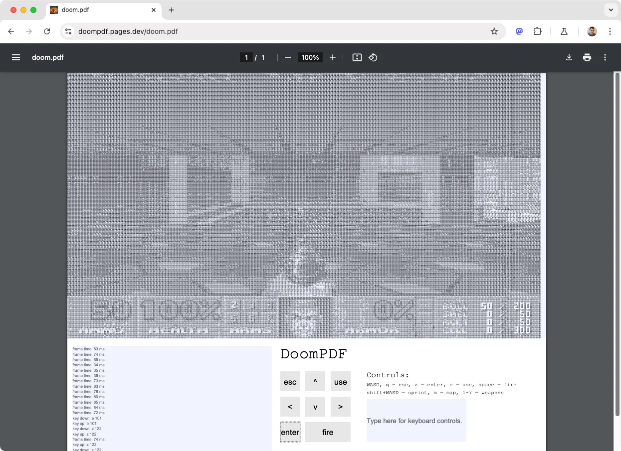 Hình ảnh game DoomPDF được chơi trên trình duyệt Google Chrome thông qua tệp PDF