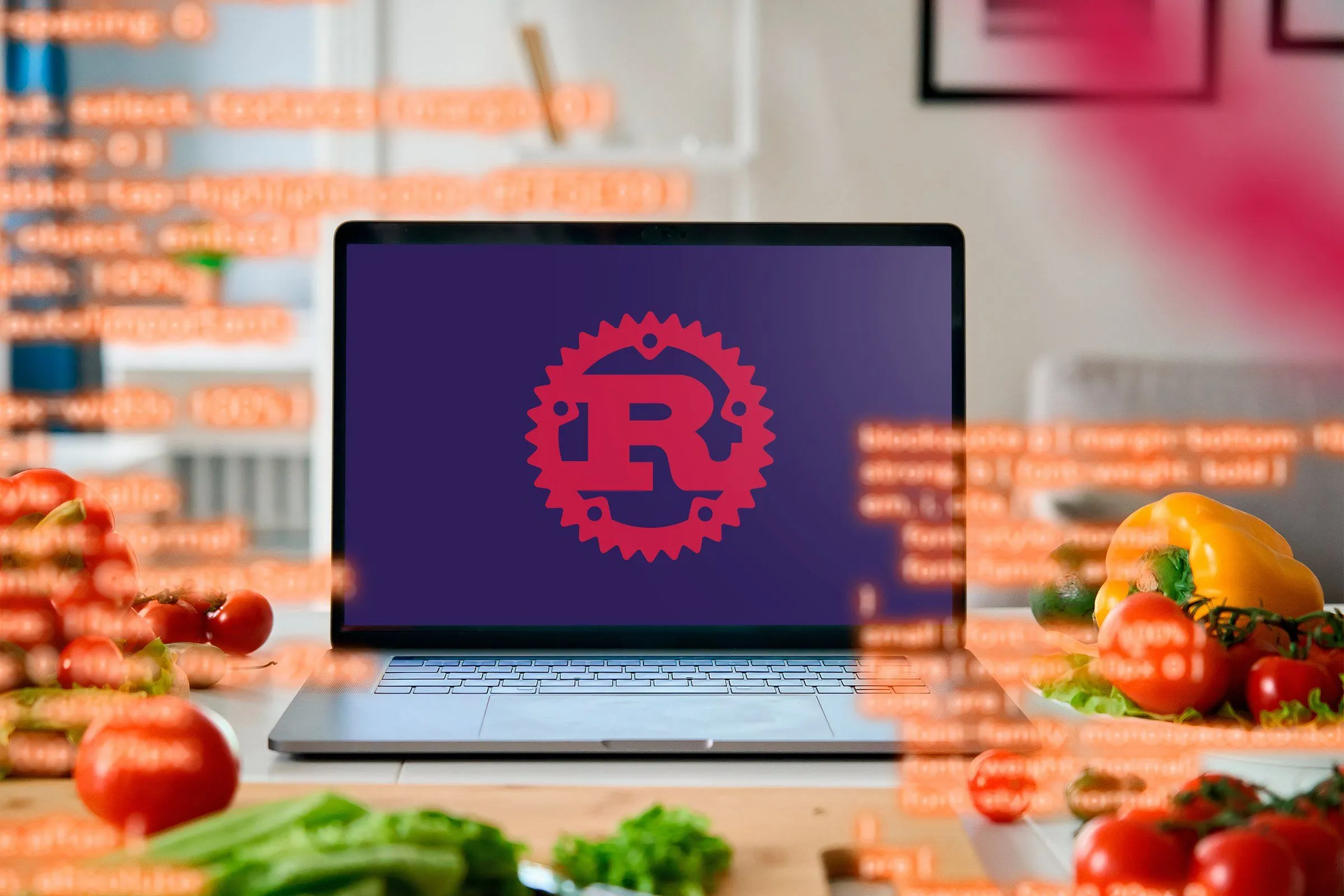 Hình ảnh một chiếc laptop hiển thị logo Rust, minh họa cho ngôn ngữ lập trình Rust được dùng để xây dựng công cụ rust-stakeholder.