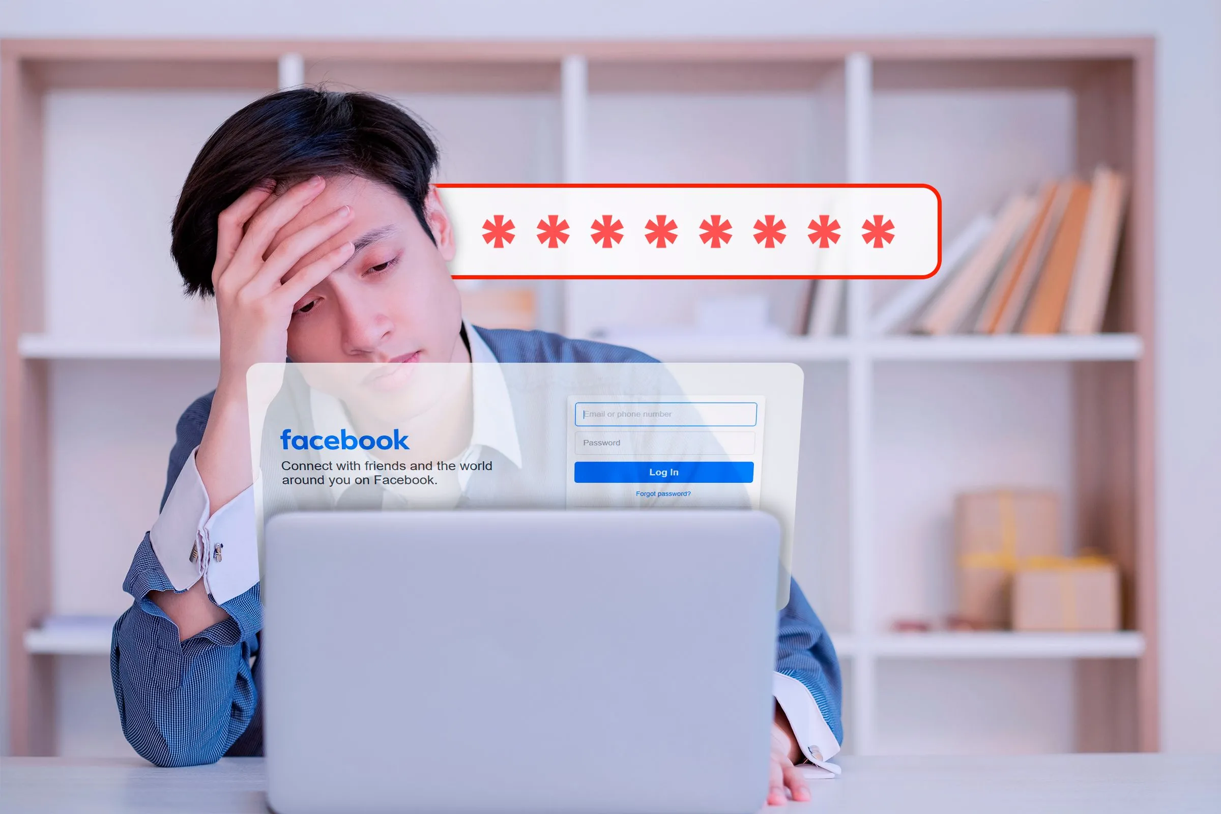 Hình ảnh một người đàn ông trẻ mệt mỏi nhìn vào màn hình laptop với trang đăng nhập Facebook, tượng trưng cho khó khăn khi nhớ và quản lý nhiều mật khẩu.