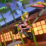 Hình ảnh Peach đang đua trên đường đua Ninja Hideaway trong Mario Kart 8 Deluxe, minh họa sự phát triển đồ họa game