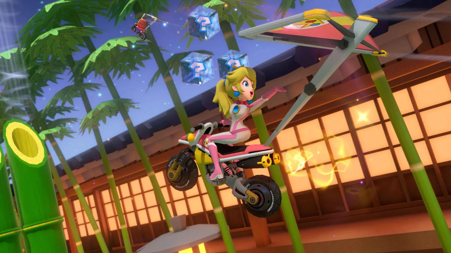 Hình ảnh Peach đang đua trên đường đua Ninja Hideaway trong Mario Kart 8 Deluxe, minh họa sự phát triển đồ họa game