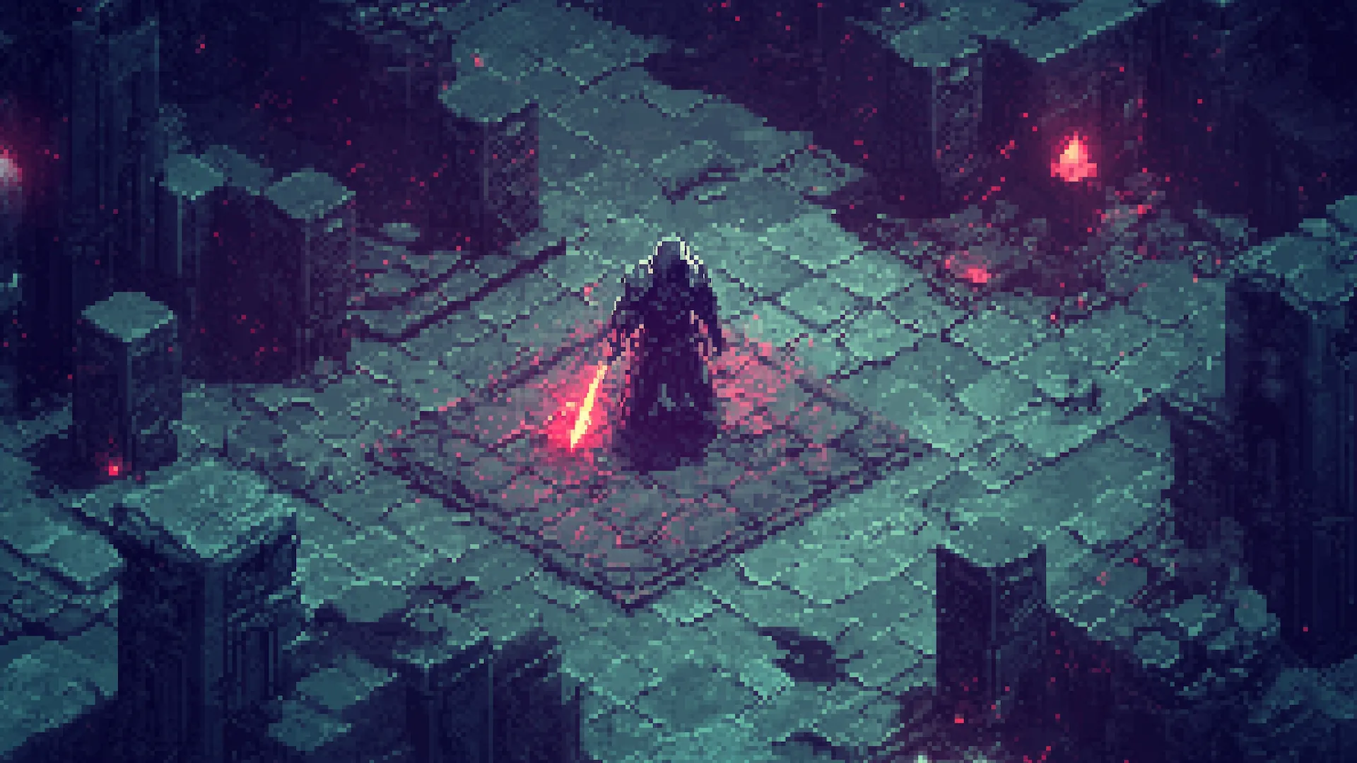 Hình ảnh pixel art minh họa game nhập vai RPG phong cách gothic isometric tương tự Diablo, thể loại game lý tưởng để xem livestream