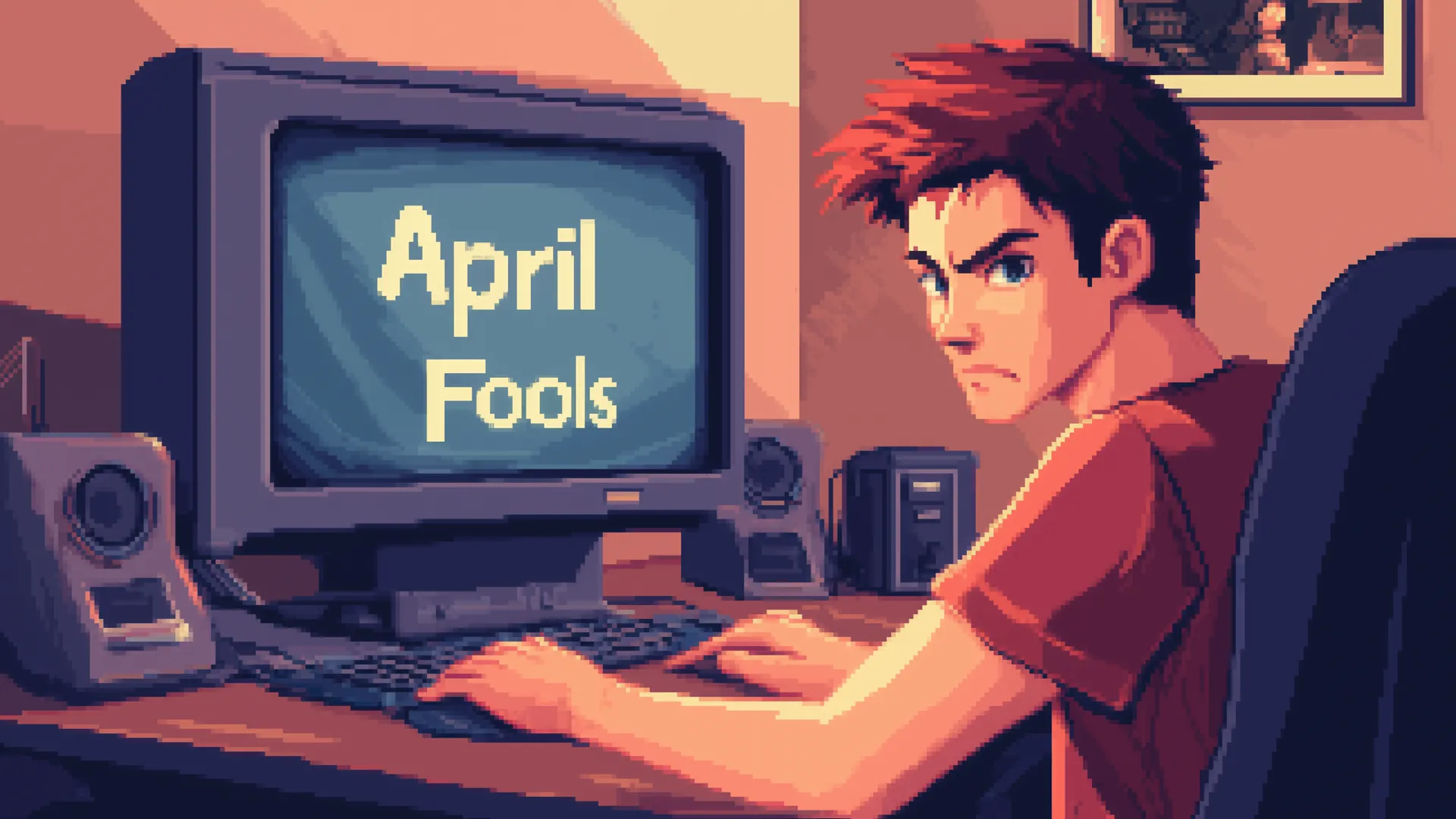 Hình ảnh pixel art mô tả game thủ với biểu cảm khó chịu, màn hình hiển thị "April Fools", liên quan đến nguồn gốc trò đùa của Pokemon Go.